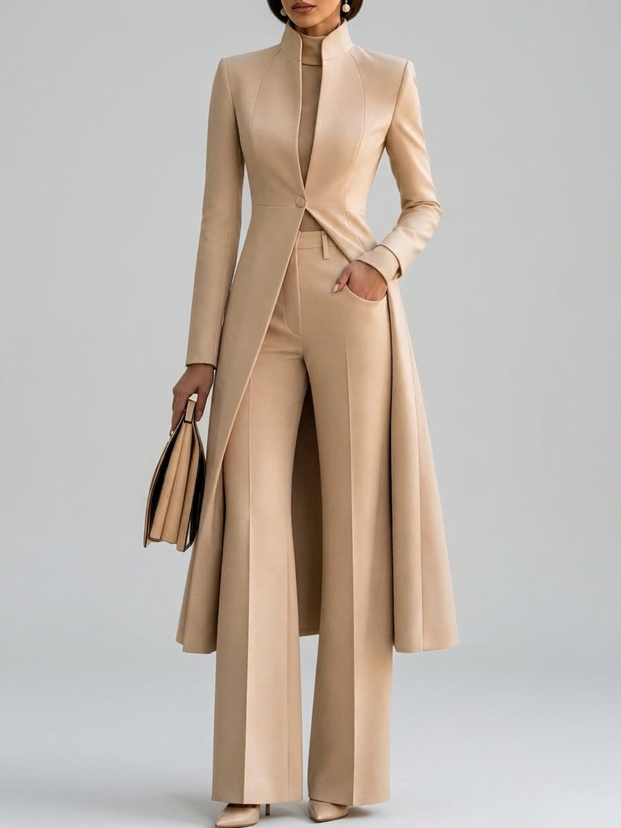 Janine - Women's Stand-Collar Long Coat with High-Waist Flare Pants