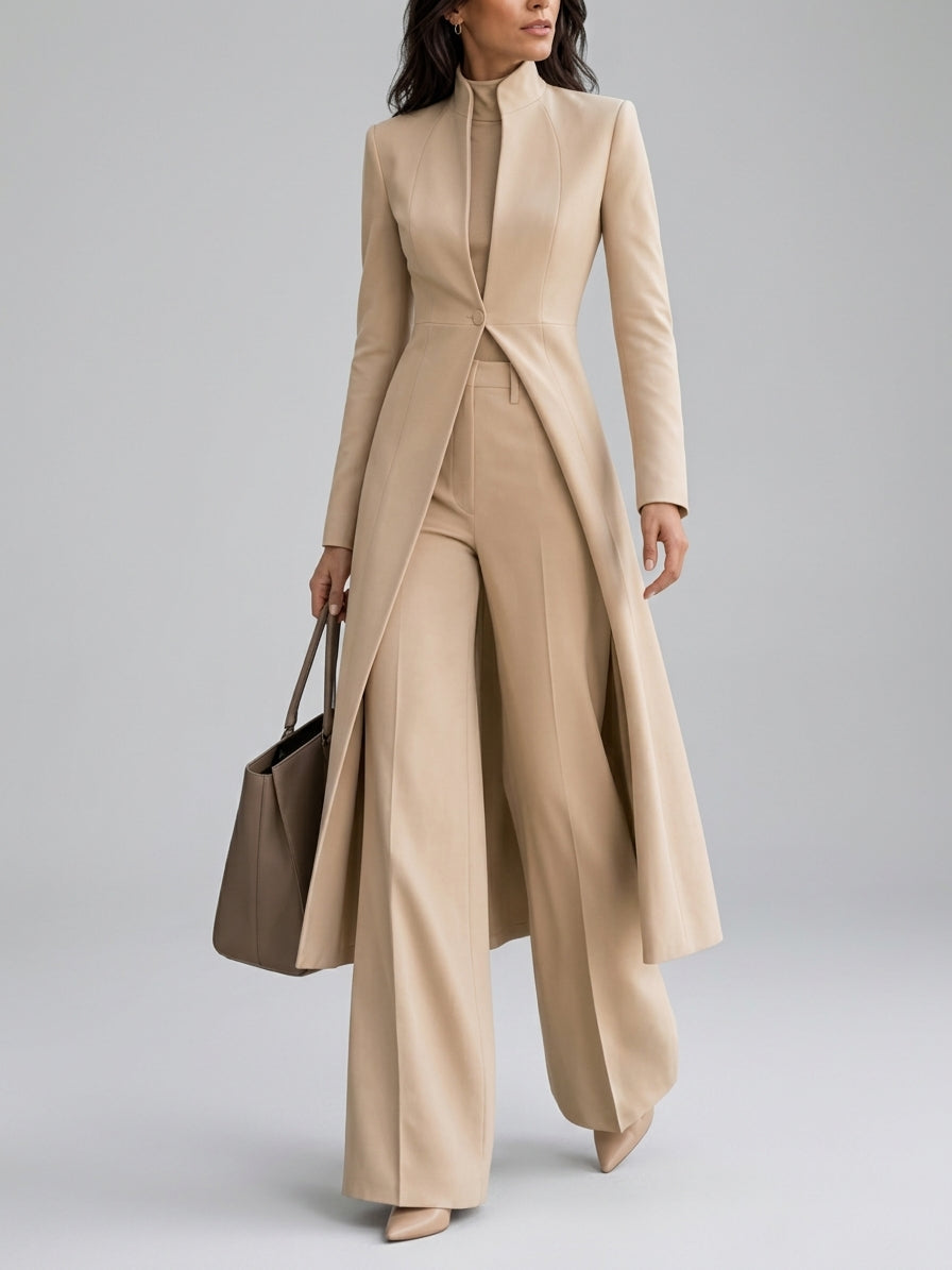 Janine - Women's Stand-Collar Long Coat with High-Waist Flare Pants