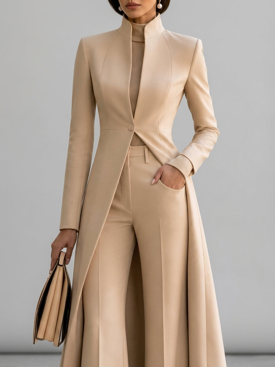 Janine - Women's Stand-Collar Long Coat with High-Waist Flare Pants
