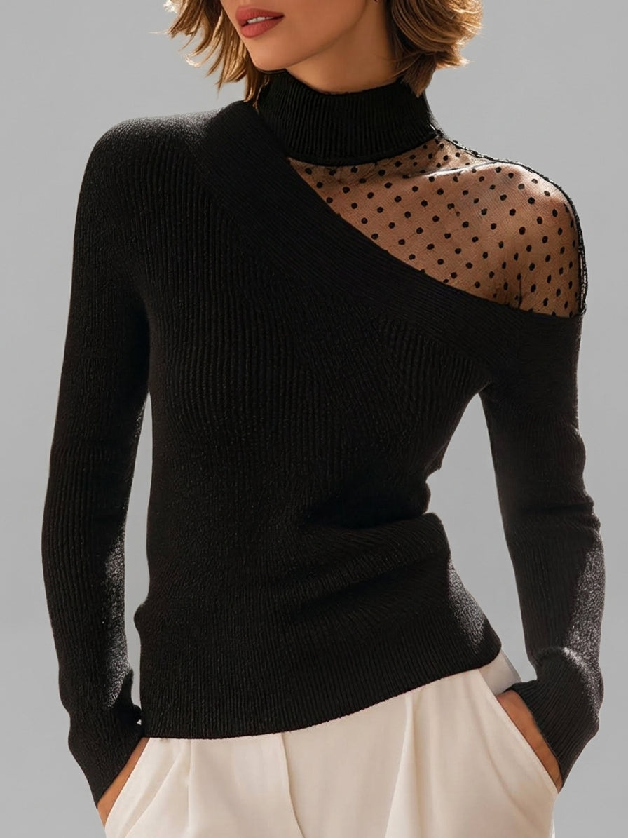 Janna - Women's Ribbed Turtleneck Sweater with Asymmetrical Sheer Polka Dot Shoulder 1