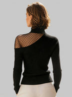 Janna - Women's Ribbed Turtleneck Sweater with Asymmetrical Sheer Polka Dot Shoulder 2