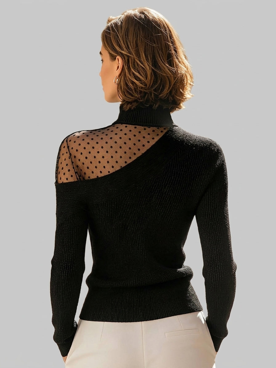 Janna - Women's Ribbed Turtleneck Sweater with Asymmetrical Sheer Polka Dot Shoulder 2
