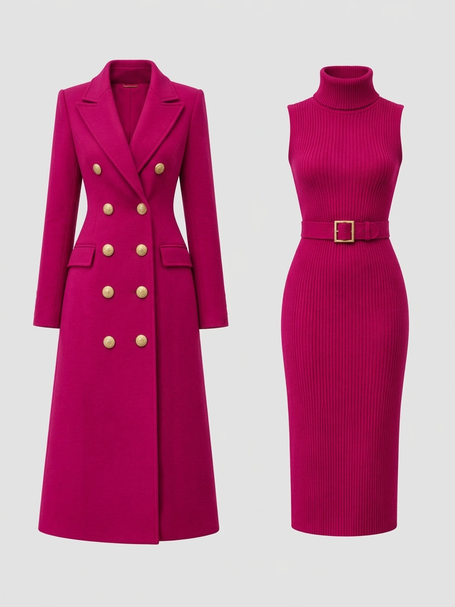 Karen - Women's Double-Breasted Coat & Ribbed Dress Set