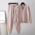 Kiara - Women's V-Neck Sweater & Drawstring Joggers Set