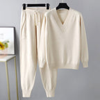 Kiara - Women's V-Neck Sweater & Drawstring Joggers Set