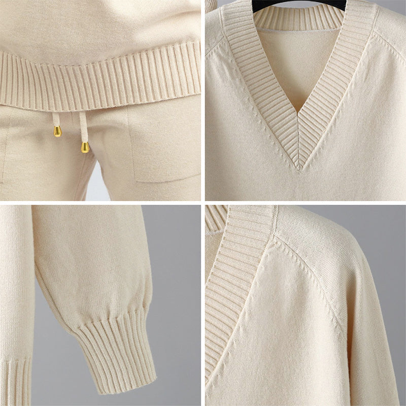 Kiara - Women's V-Neck Sweater & Drawstring Joggers Set