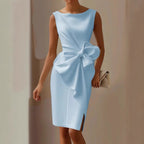 Lara - Women's Boat Neck Fitted Side Slit Formal Dress