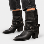 Lara - Women's Studded Buckle Strap Mid-Calf Boots
