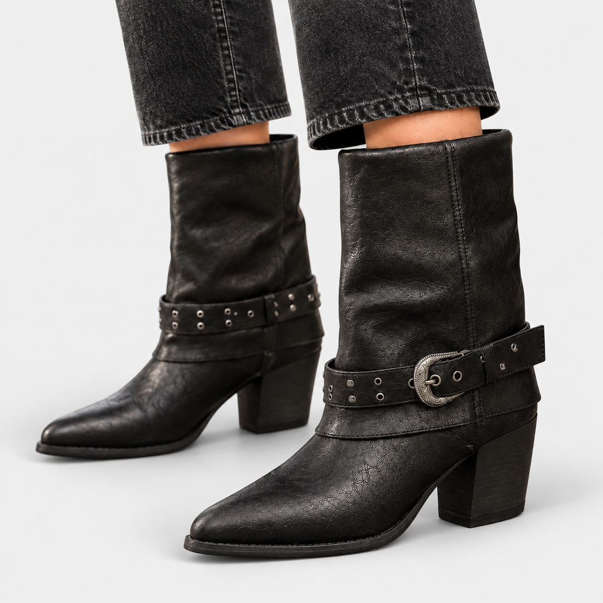 Lara - Women's Studded Buckle Strap Mid-Calf Boots