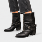 Lara - Women's Studded Buckle Strap Mid-Calf Boots