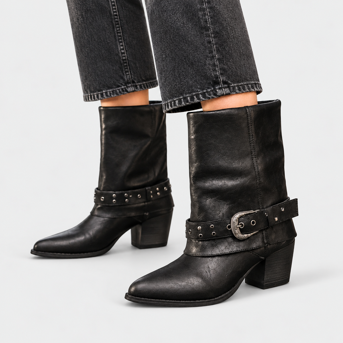 Lara - Women's Studded Buckle Strap Mid-Calf Boots