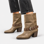 Lara - Women's Studded Buckle Strap Mid-Calf Boots