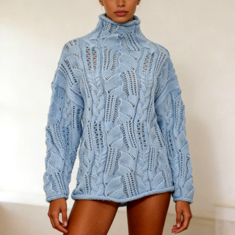 Lauren - Women's Openwork Cable Knit Oversized Turtleneck Sweater 1