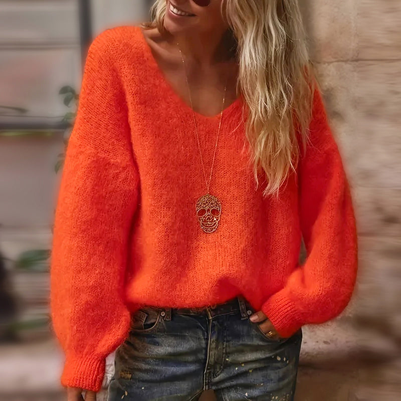 Mackenzie - Women's Soft Fluffy V-Neck Loose-Fit Knit Sweater