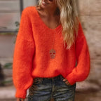 Mackenzie - Women's Soft Fluffy V-Neck Loose-Fit Knit Sweater
