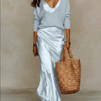 Madison - Women’s Satin Slip Dress and V-Neck Sweater Set