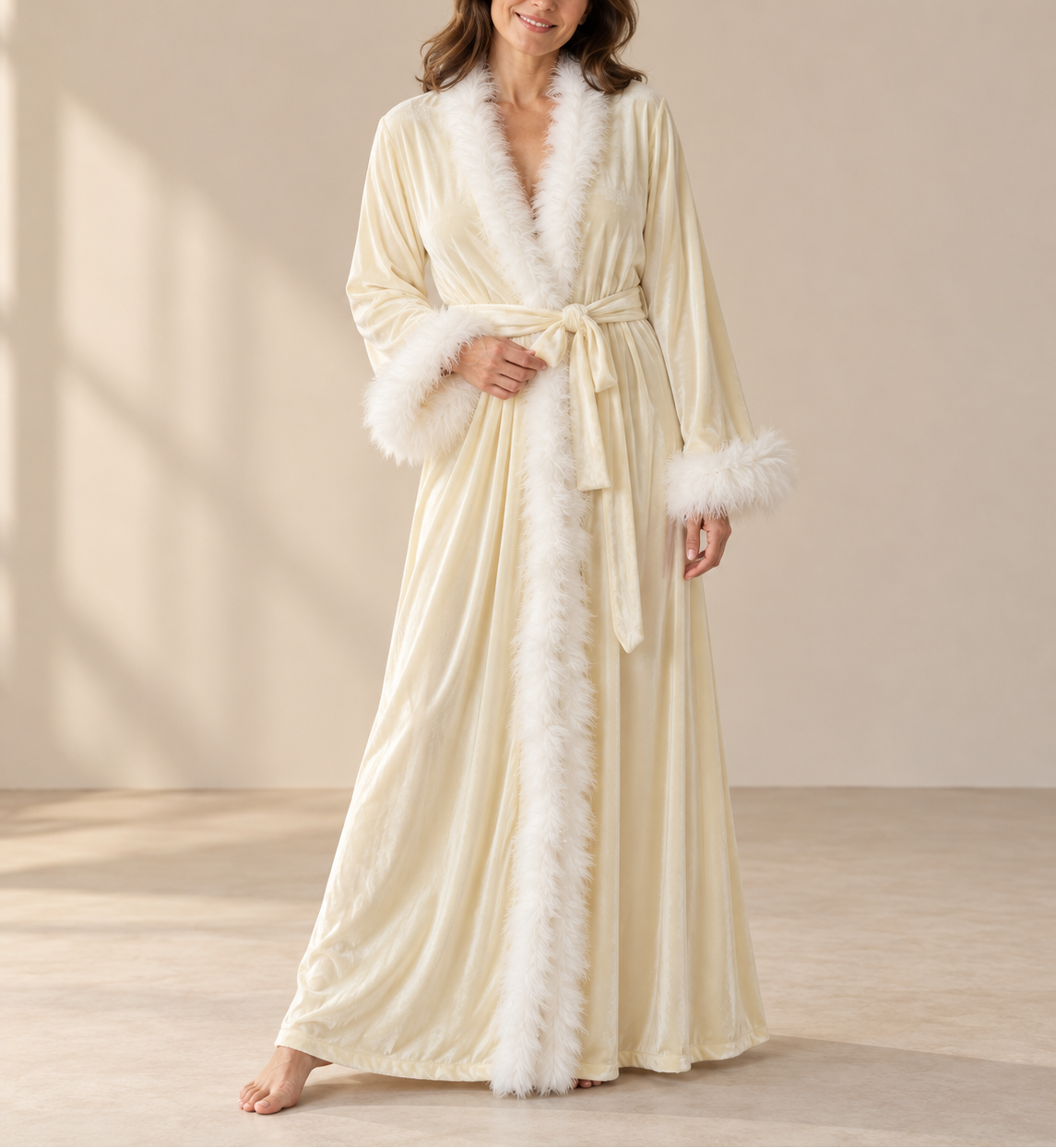 Margery - Women’s Wrap Robe with Faux Fur Edging