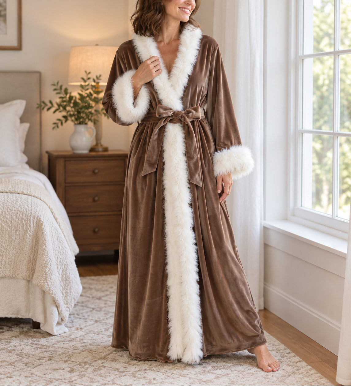 Margery - Women’s Wrap Robe with Faux Fur Edging