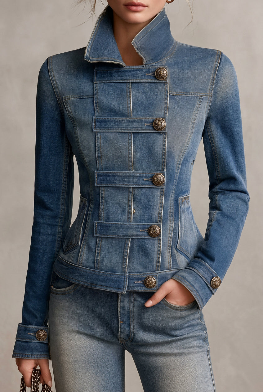 Marina - Women's Military Style Button-Front Denim Jacket