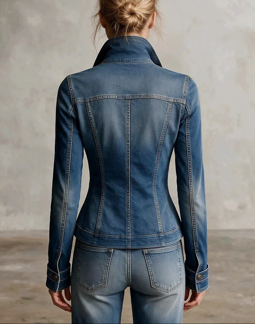 Marina - Women's Military Style Button-Front Denim Jacket