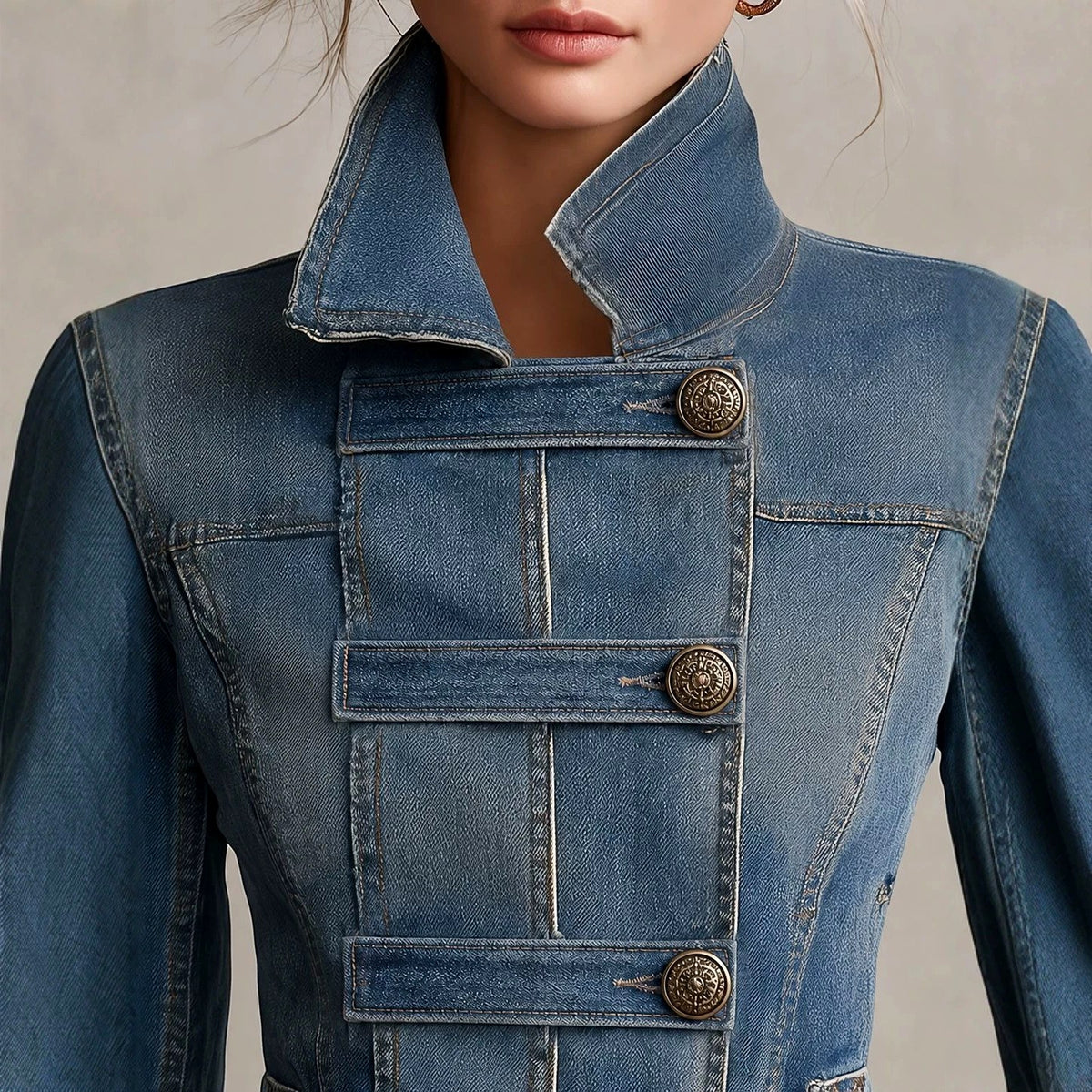 Marina - Women's Military Style Button-Front Denim Jacket