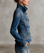 Marina - Women's Military Style Button-Front Denim Jacket