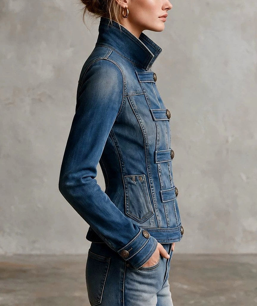 Marina - Women's Military Style Button-Front Denim Jacket