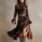 Marissa - Women's Velvet Mock Neck Ruffle Hem Midi Dress