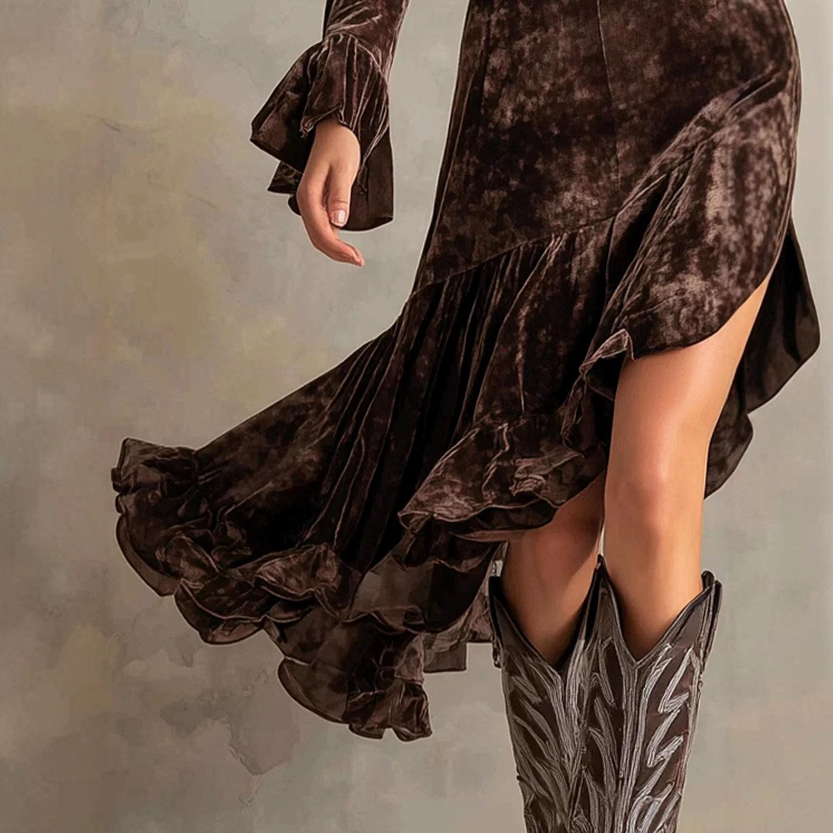 Marissa - Women's Velvet Mock Neck Ruffle Hem Midi Dress
