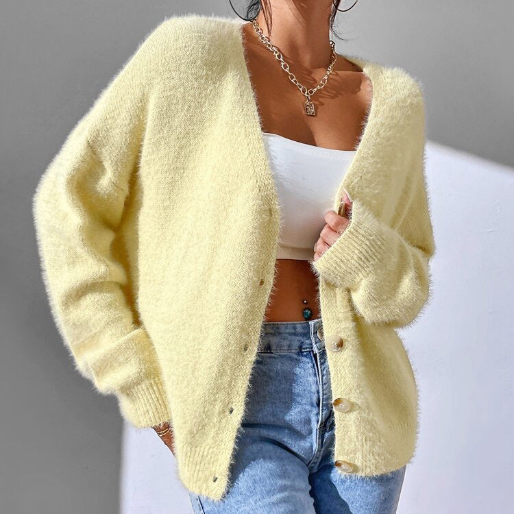 Naomi - Women's Soft Fuzzy Knit Button-Down Cardigan