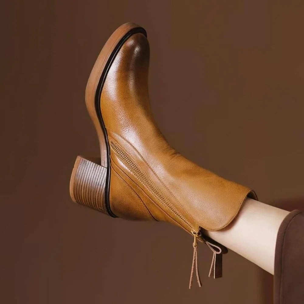 Naomi - Women's Leather Ankle Boots with Block Heel and Side Zip