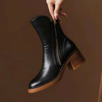 Naomi - Women's Leather Ankle Boots with Block Heel and Side Zip