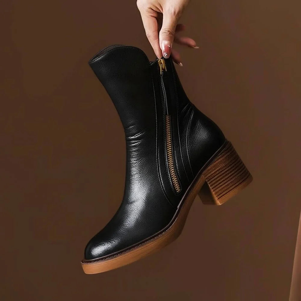 Naomi - Women's Leather Ankle Boots with Block Heel and Side Zip