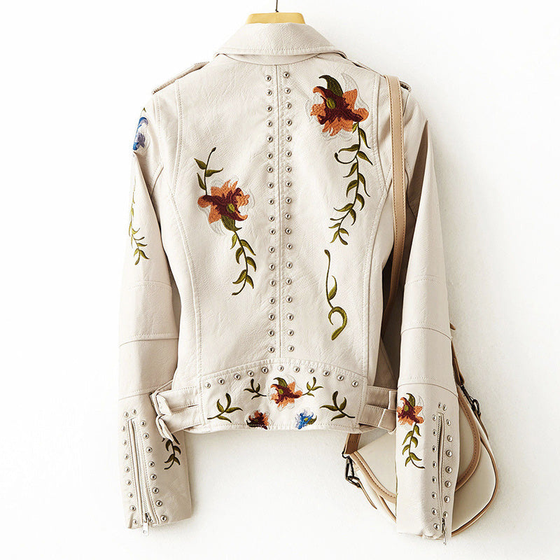 Nora - Women's Studded Floral Faux Leather Jacket
