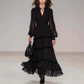 Olive - Women's Tiered Lace Trim Long Sleeve Maxi Dress