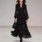 Olive - Women's Tiered Lace Trim Long Sleeve Maxi Dress