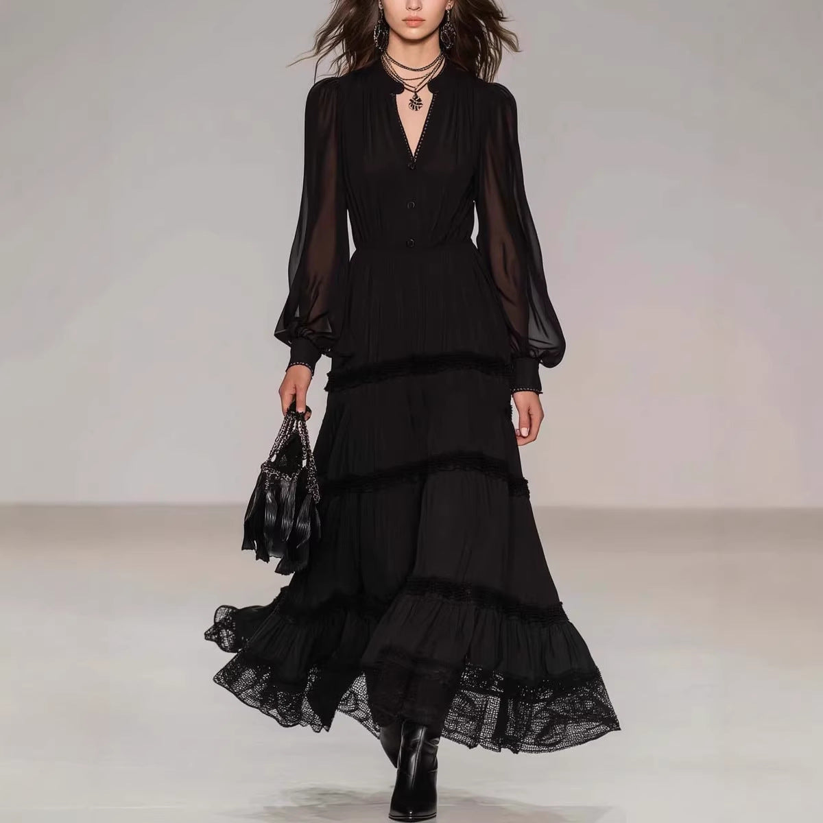 Olive - Women's Tiered Lace Trim Long Sleeve Maxi Dress