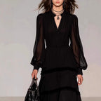 Olive - Women's Tiered Lace Trim Long Sleeve Maxi Dress