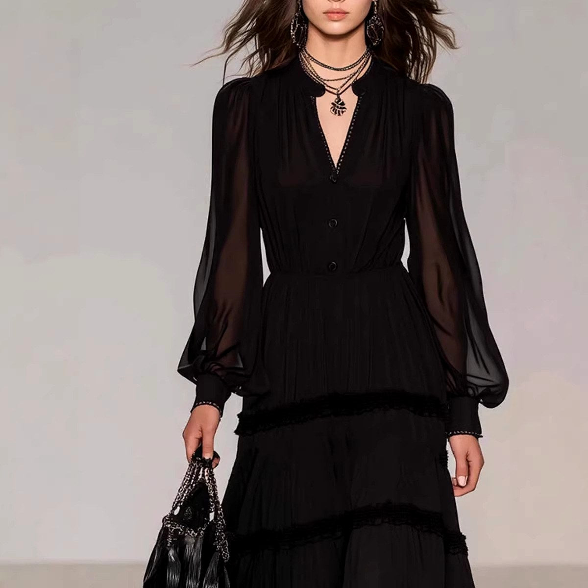 Olive - Women's Tiered Lace Trim Long Sleeve Maxi Dress