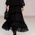 Olive - Women's Tiered Lace Trim Long Sleeve Maxi Dress