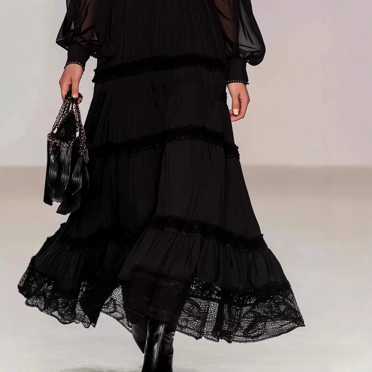 Olive - Women's Tiered Lace Trim Long Sleeve Maxi Dress