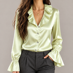 Ophelia - Women's Satin Button-Front Blouse with Ruffled Collar and Flared Cuffs