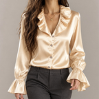 Ophelia - Women's Satin Button-Front Blouse with Ruffled Collar and Flared Cuffs