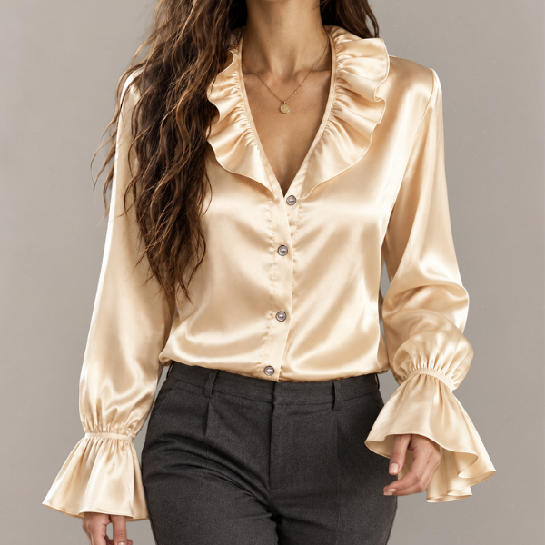 Ophelia - Women's Satin Button-Front Blouse with Ruffled Collar and Flared Cuffs