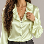 Ophelia - Women's Satin Button-Front Blouse with Ruffled Collar and Flared Cuffs