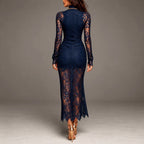 Oriana - Women's Sheer Lace High-Neck Dress with Side Slit