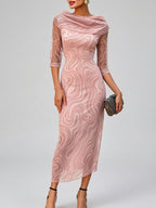Reina - Women's Cowl-Neck Half-Sleeve Patterned Evening Dress