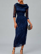 Reina - Women's Cowl-Neck Half-Sleeve Patterned Evening Dress