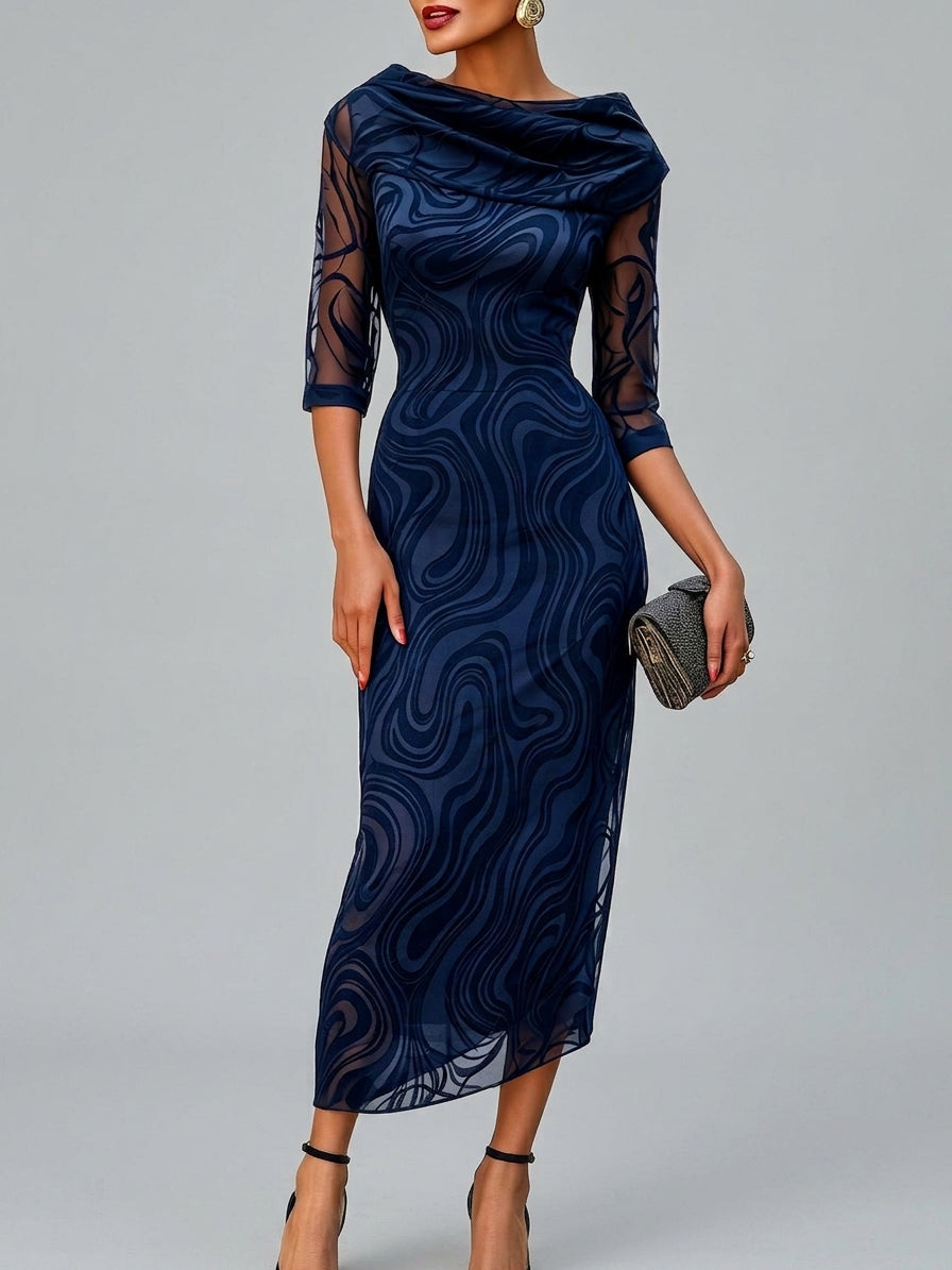 Reina - Women's Cowl-Neck Half-Sleeve Patterned Evening Dress