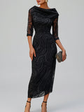 Reina - Women's Cowl-Neck Half-Sleeve Patterned Evening Dress
